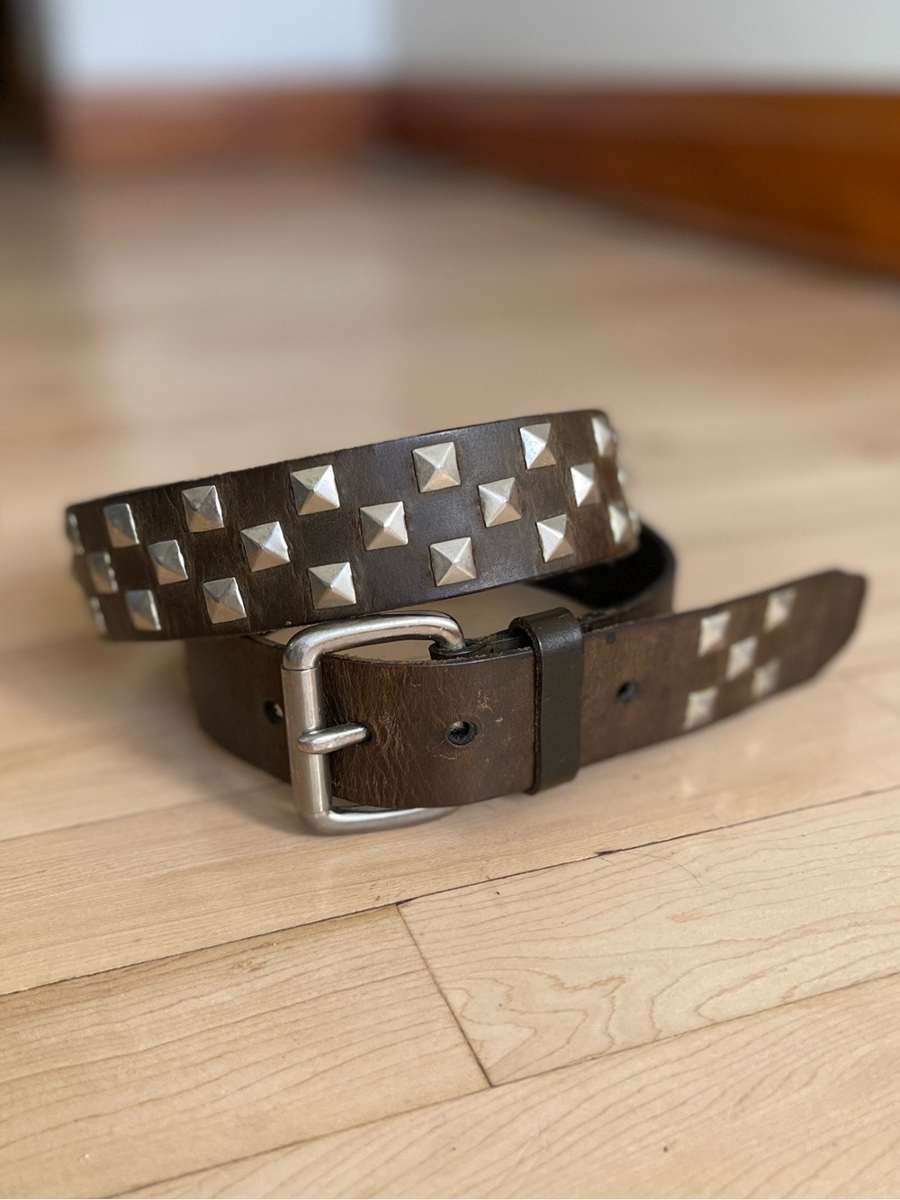 Brown Studded Leather Belt with Silver Pyramid Accents